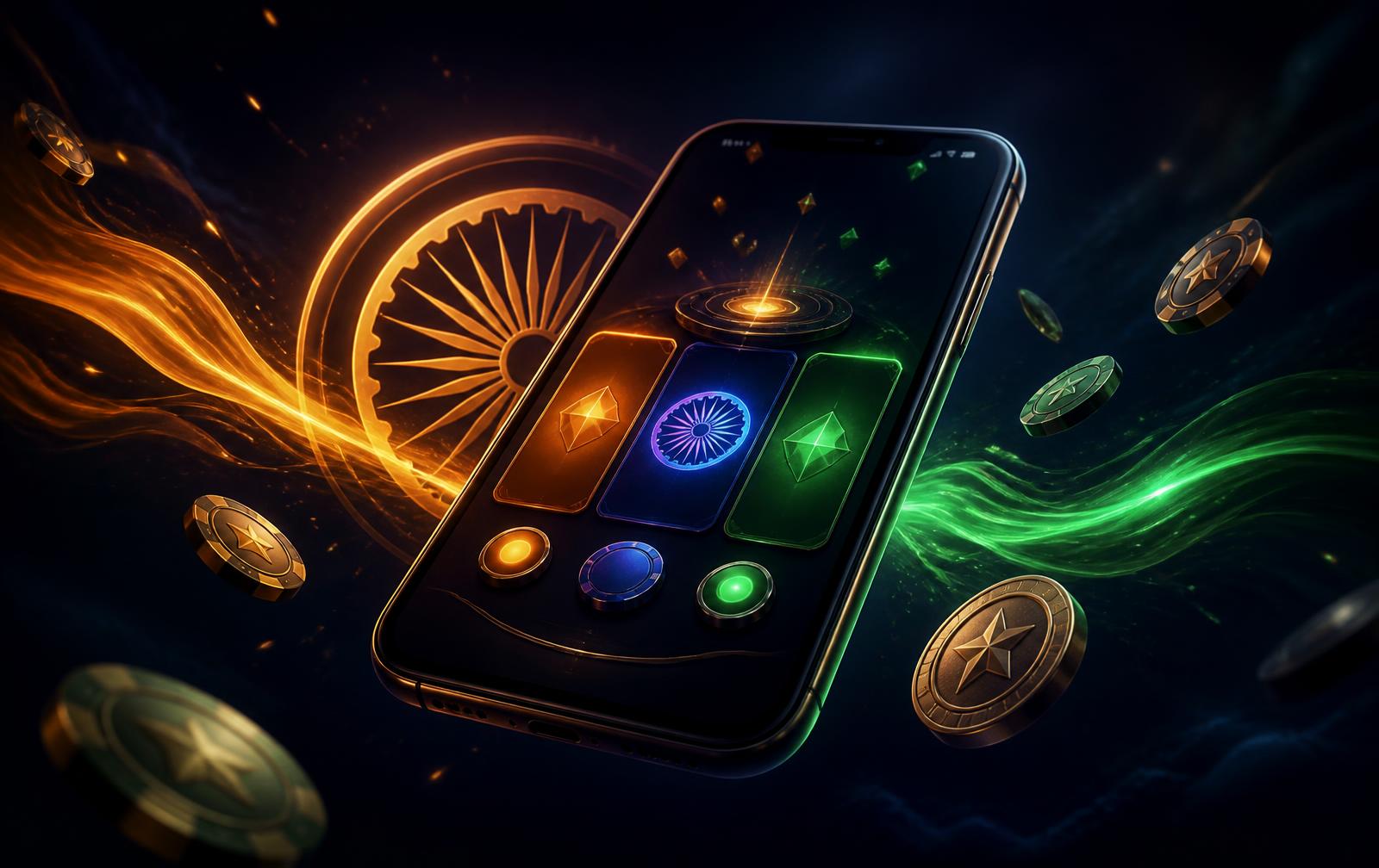 Tiranga Game colour prediction app shown on a smartphone with saffron and green light trails